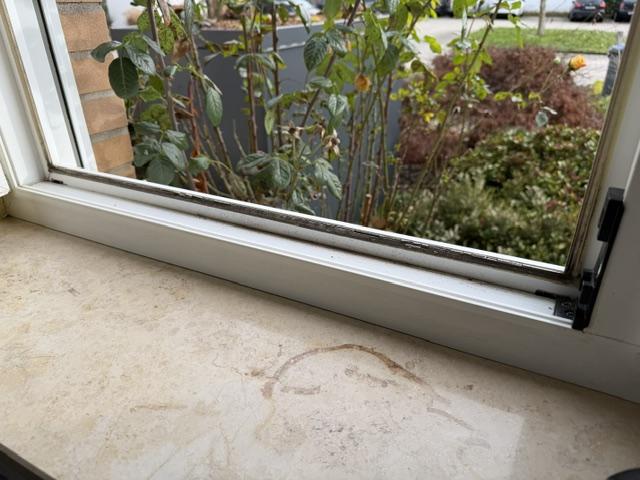 Helle Natursteinfensterbank am Fenster, geprüft und nachgearbeitet.